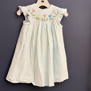 Classic Whimsy Smocked Dress 12M Blue White Seersucker Floral Embroidered